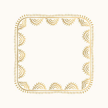 Golden vector frame in boho style. Hand drawn decorative border. 