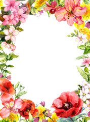 Wild meadow flowers, field herbs. Floral card, frame. Watercolor