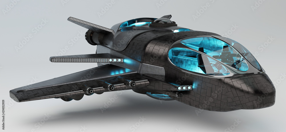 Poster Futuristic spacecraft isolated on grey background 3D rendering