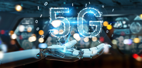 White cyborg hand using 5G network digital hologram 3D rendering