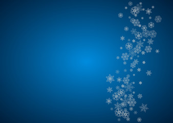 New year background with silver frosty snowflakes. Horizontal backdrop. Stylish new year background for holiday banner, card. Falling snow with sparkles and flakes for season special offers and sales.