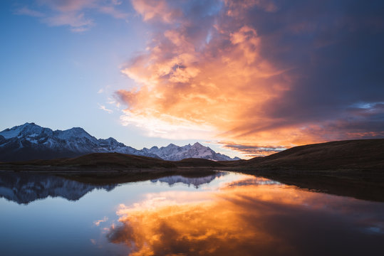 Beautiful sunrise in mountains near Koruldi lake, Georgia