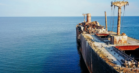 Aerial Drone View Of Old Shipwreck Ghost Ship Vessel