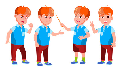 Boy Schoolboy Kid Poses Set Vector. Primary School Child. Cute Child. Happiness Enjoyment. Cheer, Pretty. For Presentation, Print, Invitation Design. Isolated Cartoon Illustration