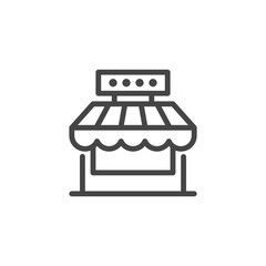 Market shop line icon. Kiosk, store, retail graphic pictograph. Street food concept linear label. Contour logo commercial market place. Vector illustration isolated on white
