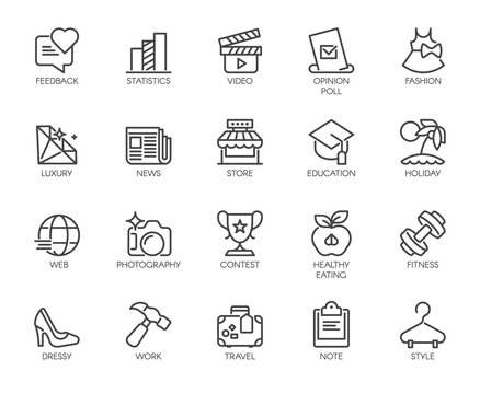 20 linear icons on fashion, leisure, sports, hobby, healthy lifestyle, freedom theme. Simplicity outline label for infographic, print, sites and mobile apps. Vector illustration isolated on white