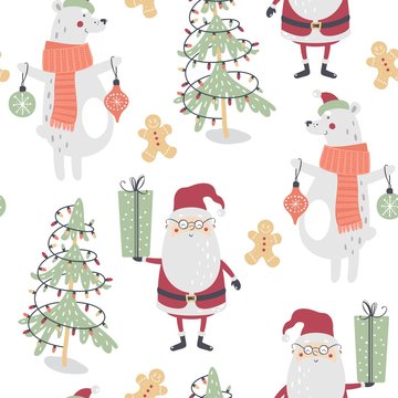Cute winter seamless pattern with Santa Claus, bear and christmas tree