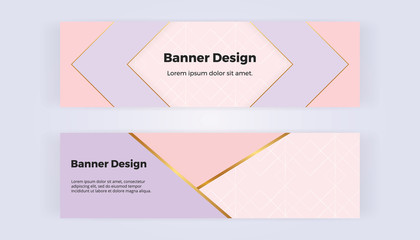 Modern geometric web banners with pink triangular shapes and golden lines. Template for design business card, flyer, invitation, birthday, wedding, email, web