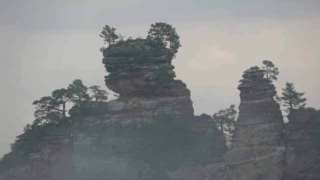 Felsformationen im Nebel, Sandsteinfelsen, Dahner Felsenland