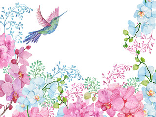 Flower background, bird Hummingbird and exotic flowers .watercolor