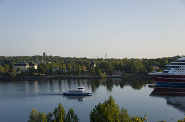 Boats meeting in the morning at the harbour of Stockholm