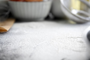 Flour on kitchen table. Bakery workshop