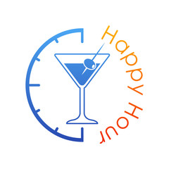 Icono plano Happy Hour con coctel con aceituna azul y naranja
