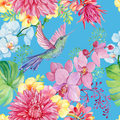 Hummingbirds and orchids seamless pattern for fabric, Wallpaper .Watercolor hand painting