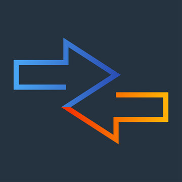 Icono plano flechas dos direcciones en azul y naranja en fondo gris