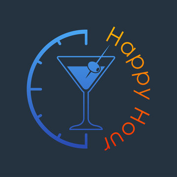 Icono plano Happy Hour con coctel con aceituna azul y naranja en fondo gris