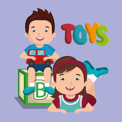 Plakat little boy and girl playing with toys characters