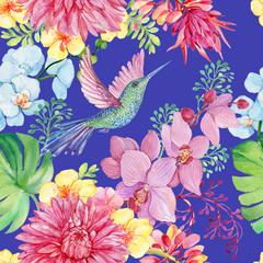 Fototapeta na wymiar Seamless pattern of bird Hummingbird and tropical flowers. illustration by watercolor