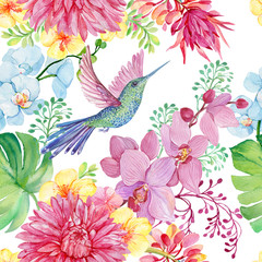 Naklejki  Jednolity wzór ptaka Koliber i tropikalne kwiaty. ilustracja przez akwarela