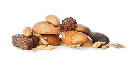 Different bakery products on white background