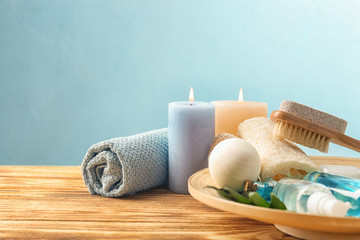 Beautiful composition with spa treatments on wooden table