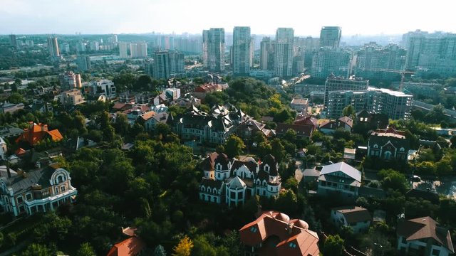 Aerial view of suburban residential neighborhood with cottages