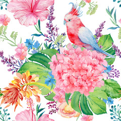 seamless pattern, parrot, cockatoo, tropical watercolor,