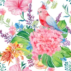 Fotobehang Papegaai naadloze patroon, papegaai, kaketoe, tropische aquarel,