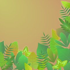Green leaves on a beige background. Abstract leaf texture. Vector illustration