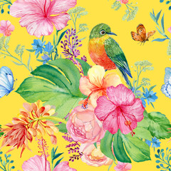 Seamless bird pattern and tropical flowers. illustration by watercolor
