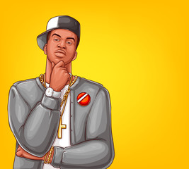 Vector pop art rap, hip-hop male character isolated on yellow background. Afro-American singer in grey jacket, blazer with gold bling, watch. Modern gangsta man, entertainment concept