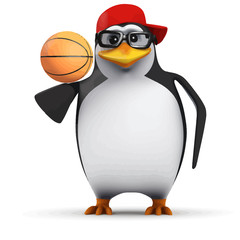 Naklejka premium Vector 3d Funny cartoon penguin in a baseball cap balancing a basketball on his wingtip