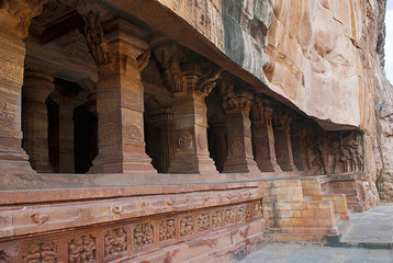 Cave 3: Pillared verandah or facade. Badami Caves, Karnataka, India. IT is 70 feet, 21 m, in length with an interior width of 65 feet , 20 m.