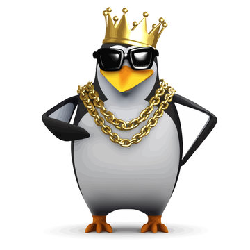 Vector 3d Rapper penguin wears the gold crown