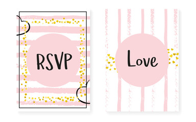 Bridal shower card with dots and sequins. Wedding invitation set with gold glitter confetti. Vertical stripes background. Luxury bridal shower card for party, event, save the date flyer.