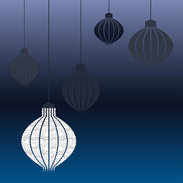 stylized asian lanterns hanging in blue tones
