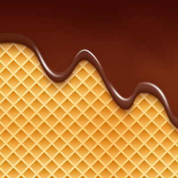 Wafer And Flowing Chocolate Background. Waffle Texture Sweet Dessert Illustration With Chocolate