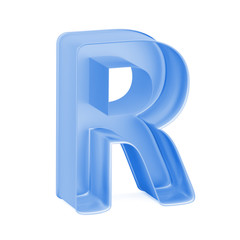 Blue baking cake pan, cookie cutter or toy mold like capital letter R on white background, 3D rendered font image