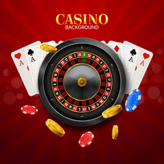 Casino roulette with chips, red dice realistic gambling poster banner. Casino vegas fortune roulette wheel design flyer
