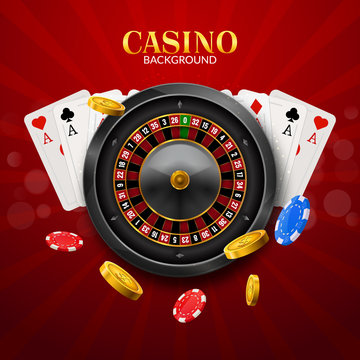 Casino Roulette With Chips, Red Dice Realistic Gambling Poster Banner. Casino Vegas Fortune Roulette Wheel Design Flyer