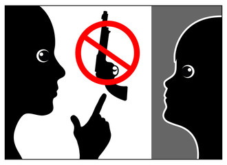 Protecting toddlers from gun. Mother is teaching her kid not to touch firearms.