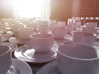 Empty coffee cups pattern background. Top view of coffee mug.