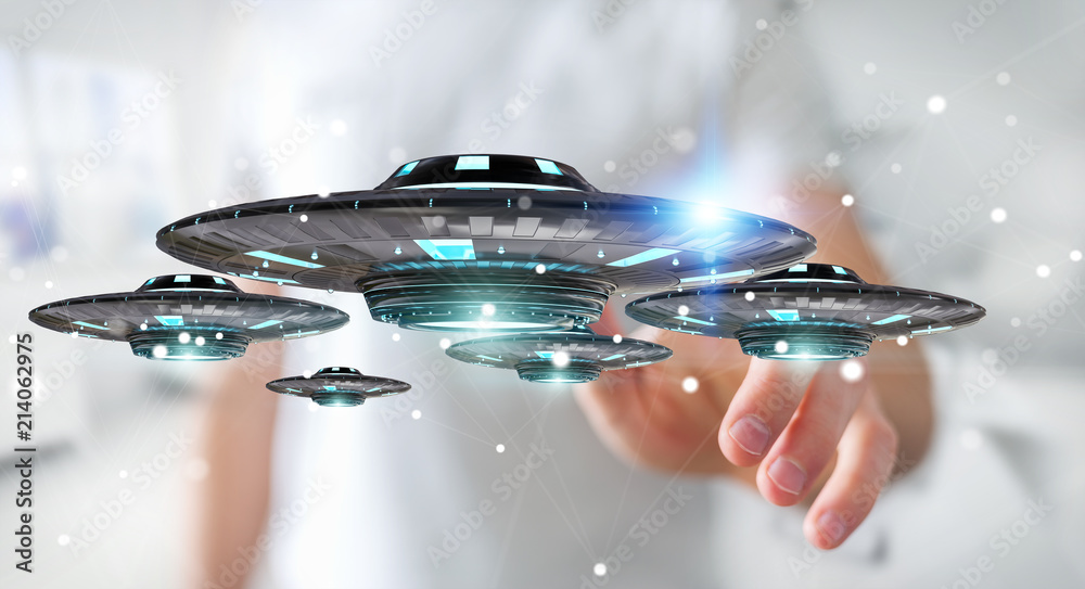 Poster Businessman with retro UFO spaceship 3D rendering