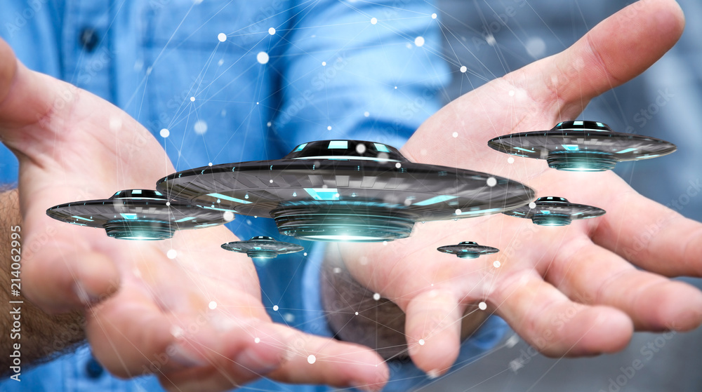 Poster Businessman with retro UFO spaceship 3D rendering
