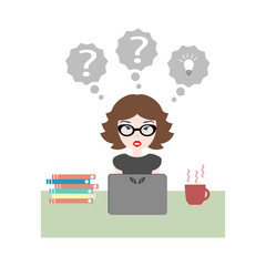 flat vector illustration of girl sitting at work at desk with laptop