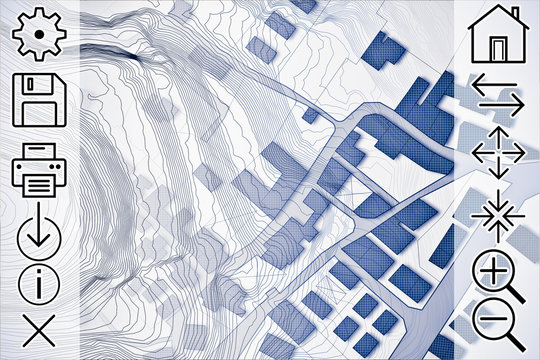 Online consultation of cadastral maps and territorial information - concept image with an imaginary cadastral map of territory with buildings, roads and web navigation icons