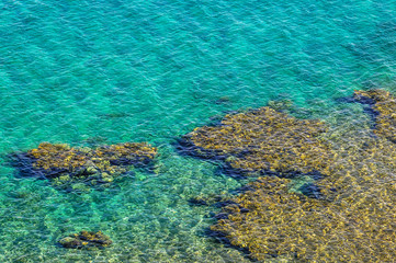 Red Sea seen from shore in Taba resort town, near the northern tip of the Gulf of Aqaba