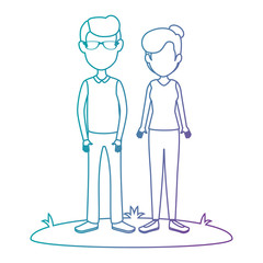young couple in grass avatars characters vector illustration design
