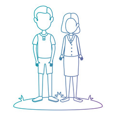 young couple in grass avatars characters vector illustration design