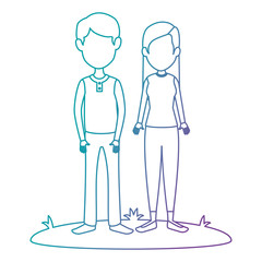 young couple in grass avatars characters vector illustration design